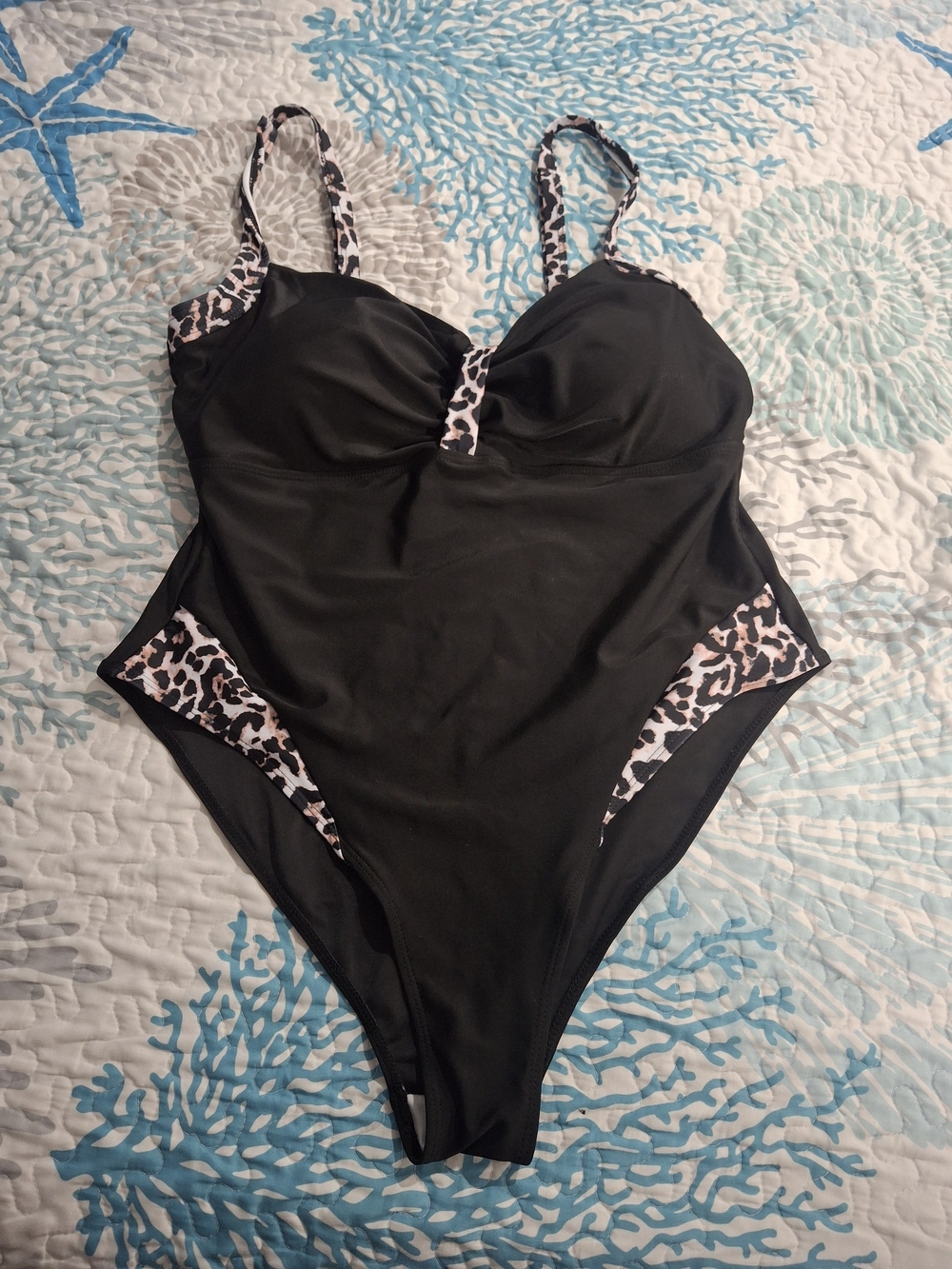 Black One-Piece Swimsuit with Leopard Trim